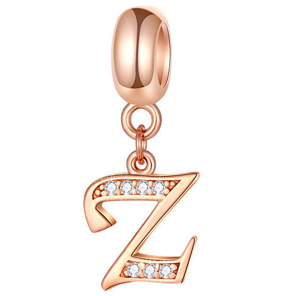 925 Sterling Silver Rose Gold Charm Alphabet Charm Love Charm Anniversary Charm Birthday Charm for Pandora Charm Bracelet (Z)
