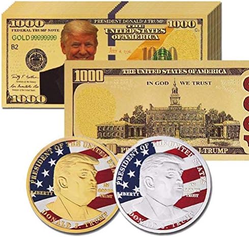Lwesting Pack of 12 USA President Donald Trump 2018 Gold Foil 1000 Dollar Bill Banknote + 2Pcs Official Authentic 24k Gold-Plated Gold Donald Trump Commemorative Coins