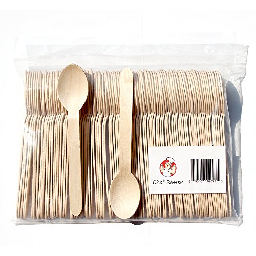 Chef Rimer Disposable Wooden Spoons 6" Length (Pack of 100) Biodegradable Compostable Eco Friendly Green Utensils Wood Flatware Dinnerware Kit For Party, Picnic Camping Kids Lunch Wedding Supplies Set