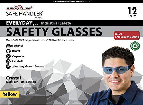 SAFE HANDLER Protective Safety Glasses, Yellow Polycarbonate Impact and Ballistic Resistant Lens - Black Temple (Box of 12)
