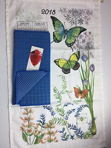 2018 Serendipity Butterfly Calendar Towel &amp; Drying Mat Bundle Butterflies Kitchen Linen Calendar Towel and Blue Dish Drying Mat 3 Piece Bundle