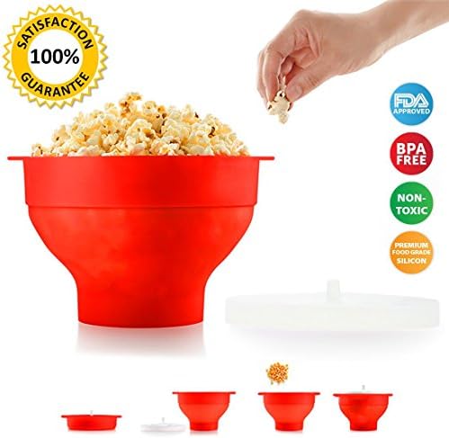 BPA Free Premium Popcorn Microwave Popper Bowl Collapsible with Lid &amp; Heart Shaped Cool Touch Handles Healthy Hot Air Popcorn Slicone Cooker for Home
