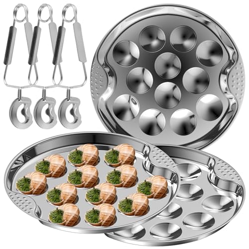 3Pcs Stainless Steel Escargot Dish Set, 12 Holes Oyster Serving Pan with Escargot Tong, Useful Escargot Dish, Escargot Cooking Tray, Escargot Serving Plate, Snail Baking Dish for Home Kitchen