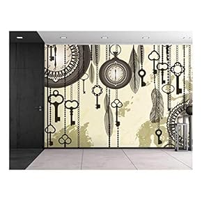 Large Wall Mural - Antique Background with Grungy Map and Clocks | Self-Adhesive Vinyl Wallpaper/Removable Modern Decorating Wall Art - 66"x96"