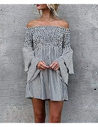 Hestenve - Vestido de campana para mujer con rayas en los hombros