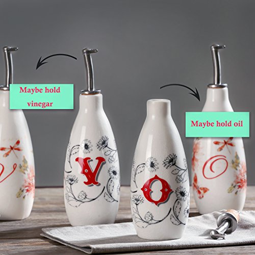 Olive Oil Bottle Set Ceramic Dispenser Porcelain Vinegar Cruet 9oz. with Stainless Steel Leak Proof Pourer Spout for Cooking or Salad Dressing by CEDAR HOME, 2 Pack, Farmer Market
