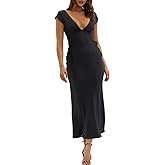 Halfisland Womens Summer Satin V Neck Cap Sleeve Backless Maxi Dress Elegant Twist Cut Out Midi Dresses Wedding Guest