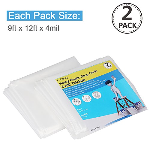 E-Gtong 4 Mil Thicken Plastic Drop Cloth, 9’ x 12’ Drop Sheet and Clear Plastic Tarp, Heavy and Waterproof Plastic Covers for Paint, Clean, Furniture and Multi-Purpose Surface Protection, 2 Pack