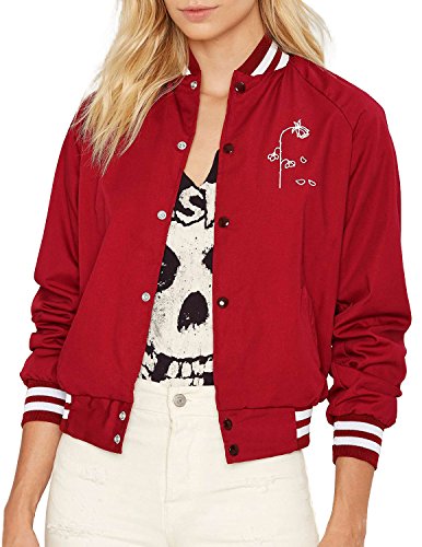 Haoduoyi Womens Boyfriend Short Embroidery Baseball Bomber Jacket(M,Burgundy)