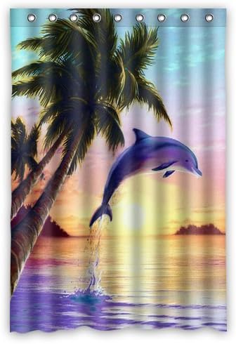 Generic Custom Unique Dolphin Jumping Sea Sunset Cocount Tree Design Waterproof Polyester Fabric Bathroom Shower Curtain 48" x 72",about 120cm x 183cm