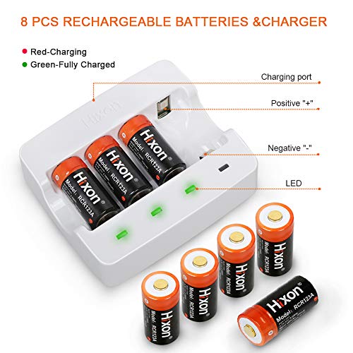 RCR123A Rechargeable Batteries(8 PCS) and Charger, Hixon 3.7V 700mAh RCR123A Li-ion Batteries for Arlo HD Security Cameras(VMC3030/VMK3200/VMS3330/3430/3530), UN CE Certified