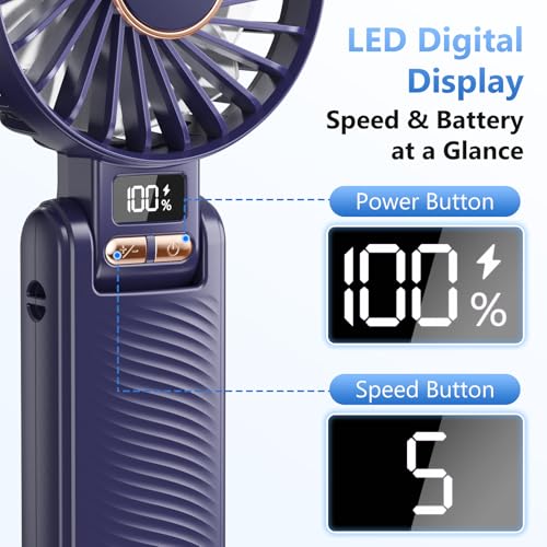 Ventilador Portátil, 4500mAh Recargable Ventilador de Mano, Hasta 20 Horas de Autonomía, 5 Velocidades, Pantalla LED, Ajustable 180° 3-en-1, Silencioso Ventilador Pequeño para Viajes, Oficina, Hogar