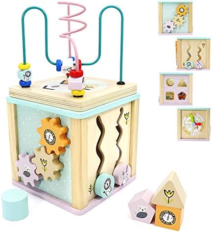 Scootive Activity Cube Baby Educational Wooden Toys,5 in 1 Activity Center Including Bead Maze,Abacus,Clock,Spinning Gears for Toddles,Boys and Girls Birthday Gifts