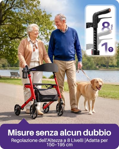 Kekoy Bariatrico Resistente Deambulatore per Anziani 4 Ruote, Pieghevole, 226 kg Portata, Sedile 50 cm Extra Largo, Ruote 25 cm Per Tutti I Terreni, Altezza Regolabile, Freni con Cavi Nascosti, Rosso