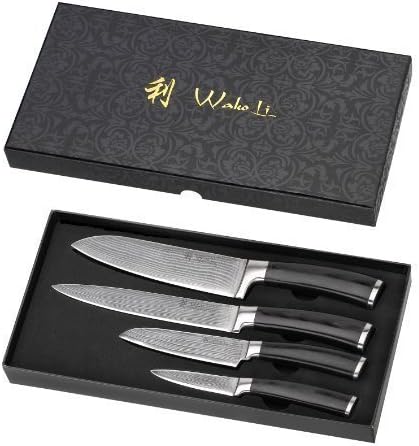 Wakoli 4pcs Damascus Professional knife set with gift box, VG-10, Knife type, Knife / blade length: Santoku knife, 12.2-inch /7-inch, Ham knife, 11.8-inch / 6.7-inch, Small Santoku knife, 9-inch / 5-inch, Paring knife, 7.5-inch / 3.3-inch, excellent quality, Japanese Damascus kitchen knives with black pakkawood handle, kitchen knives, cooking knives