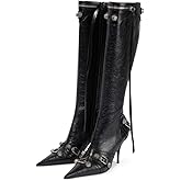 Oiamenne Knee High Boots for Women Fashion Slide Zipper Pointed Toe Stiletto Studded High Heel Rivets Tassel Boots Party Dress Shoes