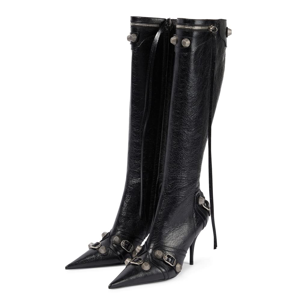 Photo 1 of Knee High Boots for Women Fashion Slide Zipper Pointed Toe Stiletto Studded High Heel Rivets Tassel Boots Party Dress Shoes