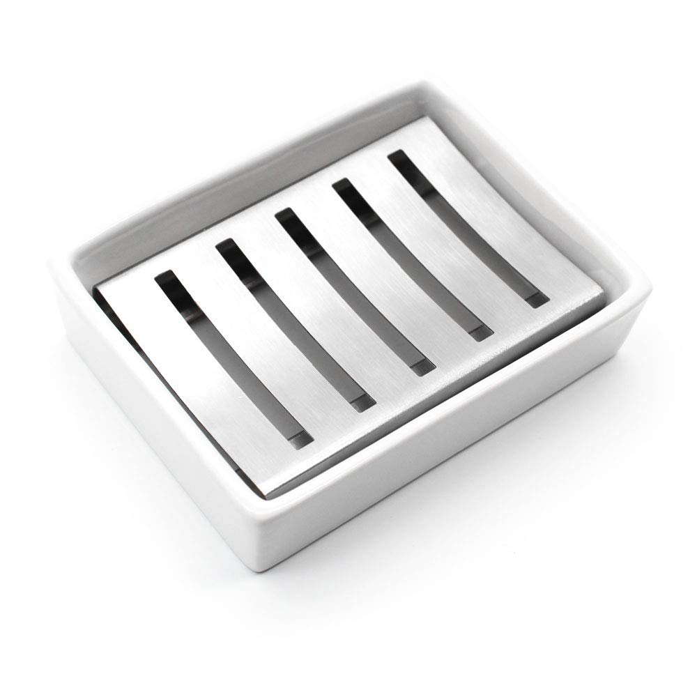 YOCZOX Soap Dish Holder Stainless Steel Soap Holder with Ceramic Seat Silicone Anti-Slip Pads Nordic Style Soap Tray for Bathroom Shower Kitchen Organized, Double Layer Draining, Silver+White