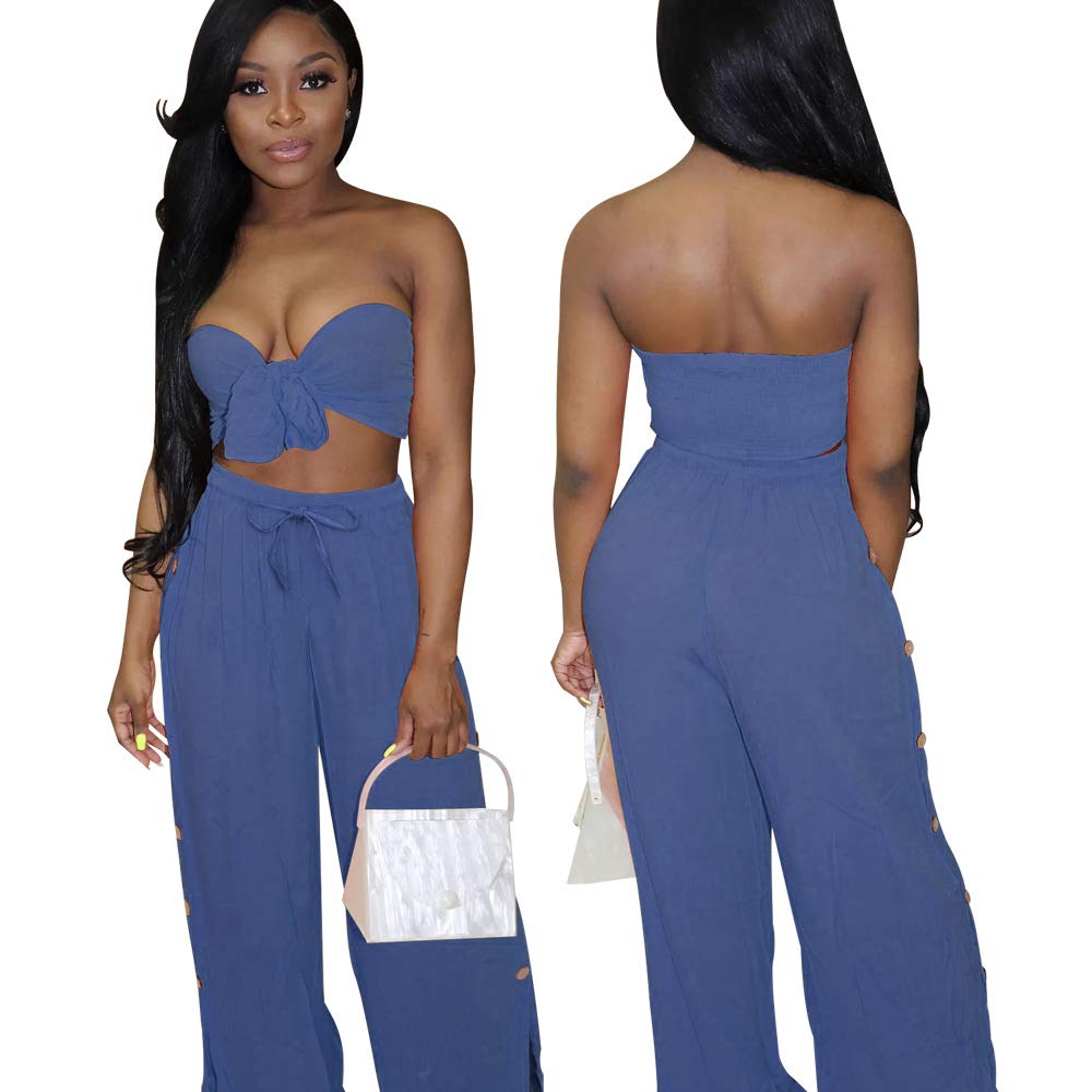 Salimdy Women Sexy 2 Piece Outfits Bandage Crop Top Wide Leg Long Pants Solid Jumpsuits Blue Large