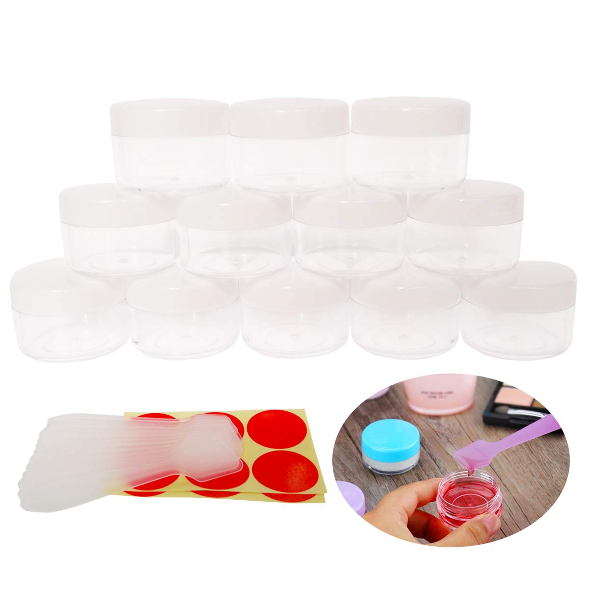 Wopanxye 12pcs 15 Gram 15ml Jars, Small Cosmetic Sample Empty Container, Plastic Round Pot White Screw Cap Lid, Tiny 15g Bottle for Makeup, Eye Shadow, Nails, Powder, Jewelry, Beads, Free Spatulas