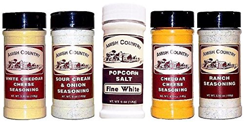 Amish Country Popcorn Pack of 5 Gourmet Popcorn Seasoning Varieties: White Cheddar Cheese, Sour Cream & Onion, Cheddar Cheese, Nacho, Ranch, & Fine White Salt