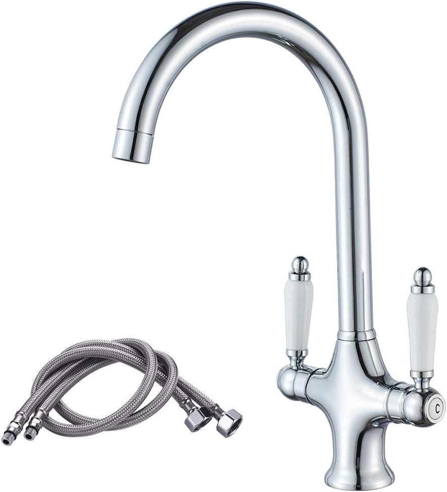 XBMY Kitchen Sink Taps,Dual Lever Chrome Brass Kitchen Mixer Tap with