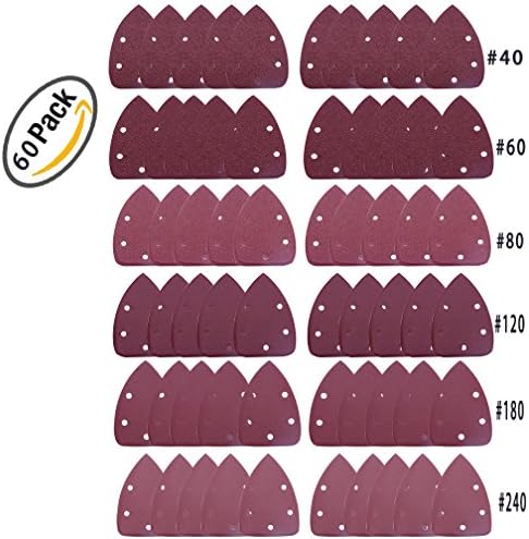 60 Pieces 5 Holes Sanding Discs Made From Premium Aluminum Oxide, Viaky Mouse Detail Sander Sandpaper Sanding Paper Hook and Loop Assorted 40/ 60/ 80/ 120/ 180/ 240 Grits