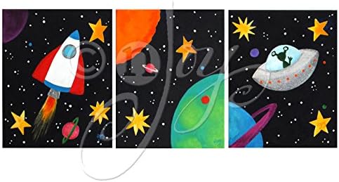 3 Black Space Themed Prints for kids room decor by nJoyArt. Colorful, fun space themed art for children by nJoy Art.