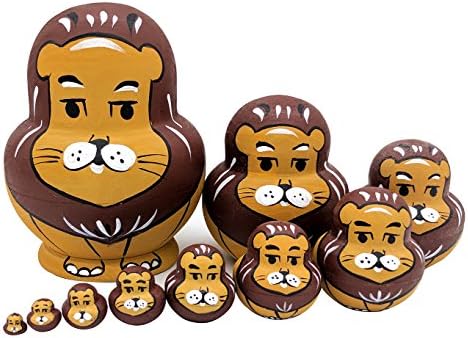 Cute Lion Animal Style Big Belly Shape Handmade Wooden Russia Nesting Dolls Matryoshka Dolls for Kids Toy Birthday Gift Christmas Home Docoration-Set of 10 Pieces