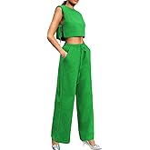 Kaei&Shi Casual Linen Two Piece Set Women,Sexy Drawstring High Waisted Wide Leg Pants,Sleeveless Crop Top,Summer Outfit
