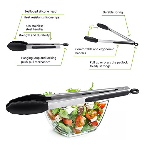 Cooking Tongs, AUKUYEE Food Tongs Kitchen Tongs of 3 Set 7,9,12 Inch Nonstick Stainless Steel Silicone Tips, Heat Resistant, Locking, Ergonomic Grip for BBQ, Grill, Salad, Cooking (Black)