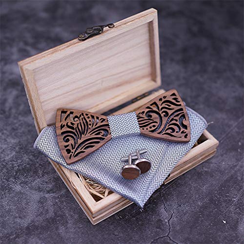 COM1950s Men's Bow Tie Natural Handmade Wooden Collar Vintage Wood Tie Manual Wooden Bow Tie Handkerchief Set (Gray, A)