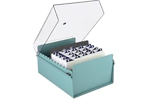 Acrimet 5 X 8 Card File Holder Organizer Box Metal Base Heavy Duty (AZ Index Cards and Divider Included) (Green Color with Clear Crystal Plastic Lid Cover)