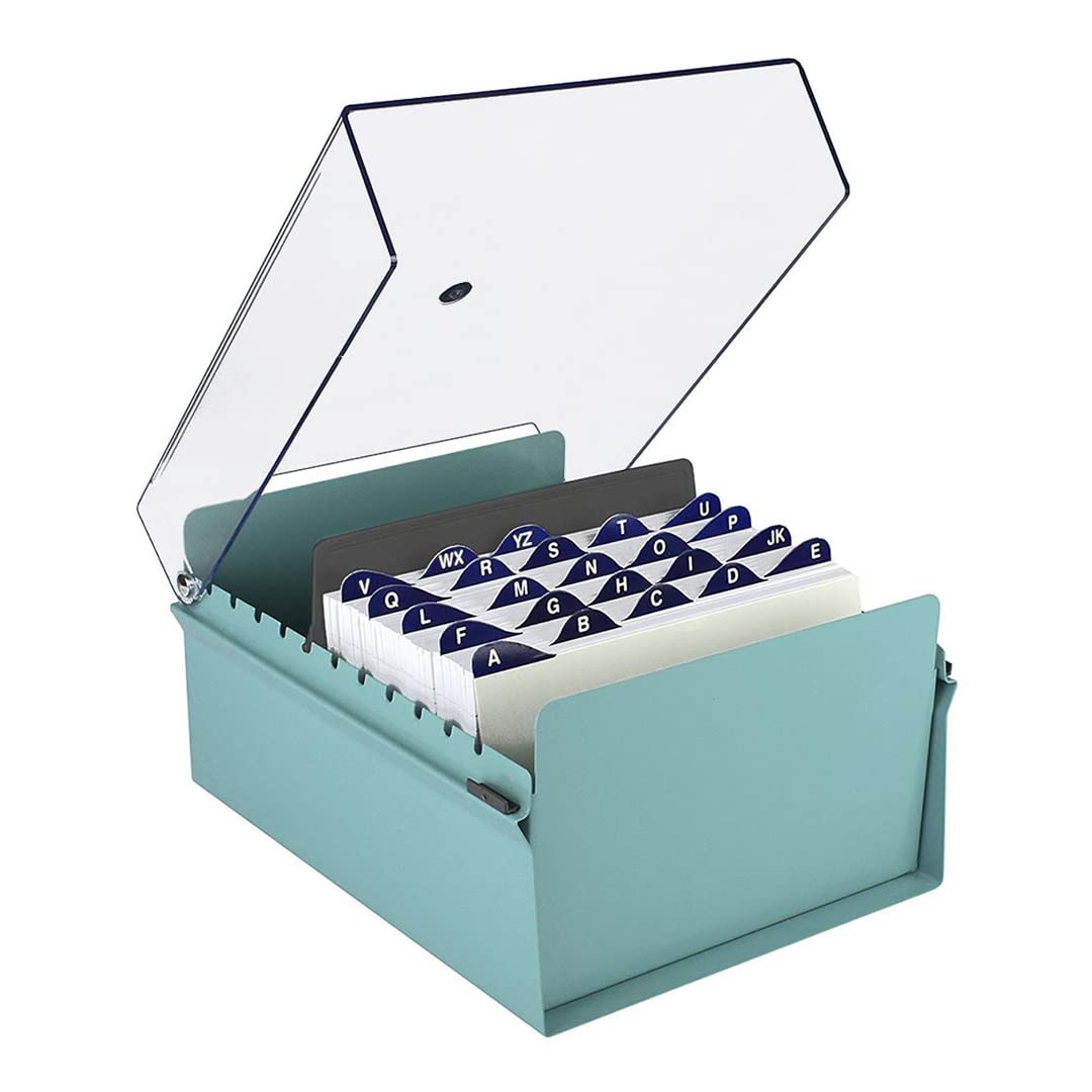 Acrimet 5'' X 8'' Card File Holder Organizer Box Metal Base Heavy Duty (AZ Index Cards 205mm width x 138mm height and Divider Included) (Green Color with Clear Crystal Plastic Lid Cover)