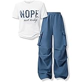 Voxikidio Girls Clothes Little Girl Outfits Letter Print Short Sleeve Tops & Cargo Pants 2PCS Girls Clothing 7-16 Years