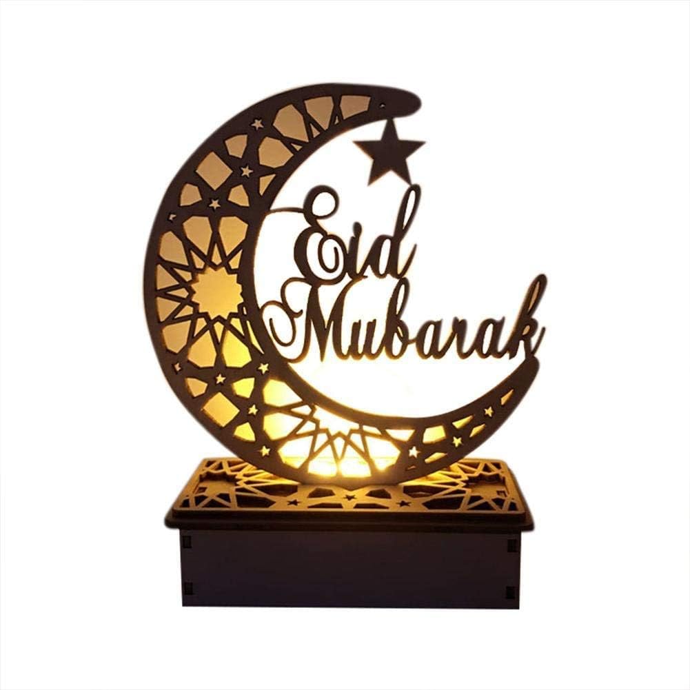 Wooden Ramadan Eid Mubarak Moon Star Islam Hanging Pendant Plate With LED String Lights Ornament Home Party Supplies (Tpye C, Moon Eid Mubarak)