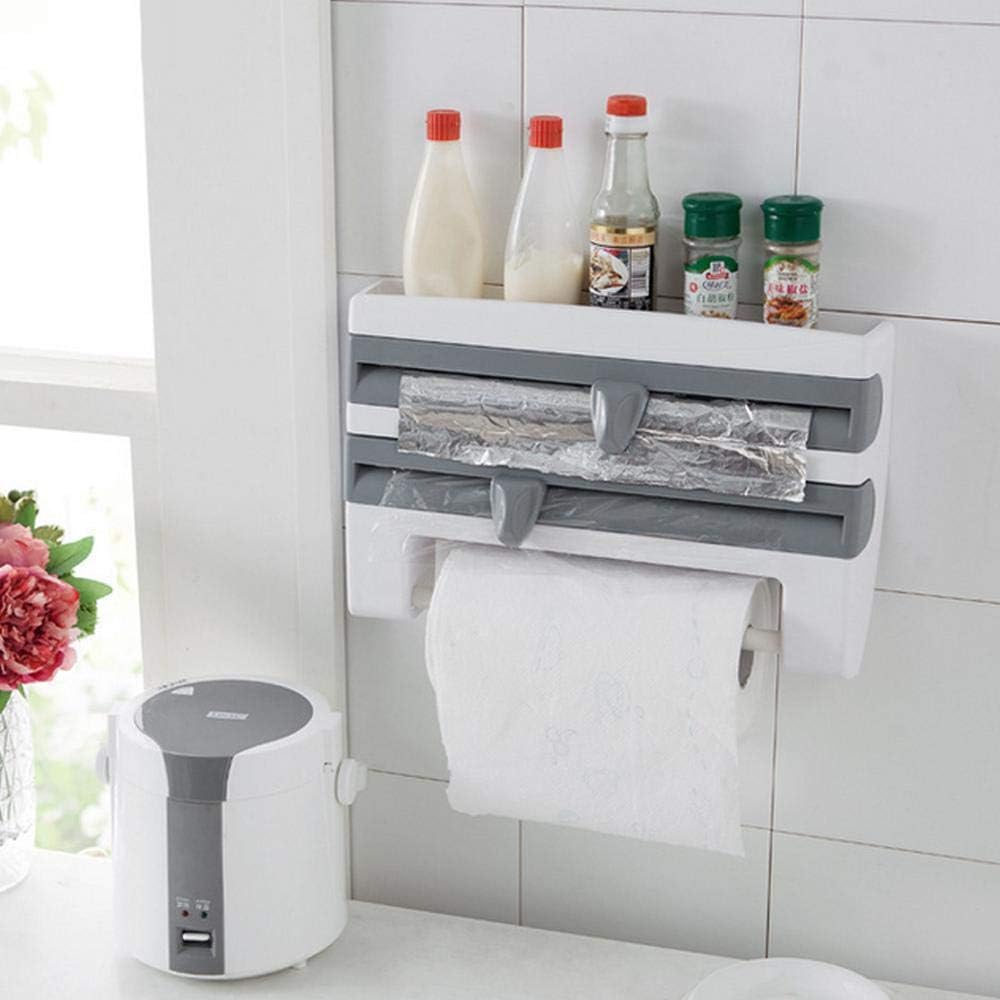 Dumcuw 4 in 1 Kitchen Roll Dispensers, Multifunctional Self-Adhesive & Wall Mounted Dispenser with Cutter for Cling Film Tin Foil, Towel Paper Holder & Spice Bottles Organizer Rack
