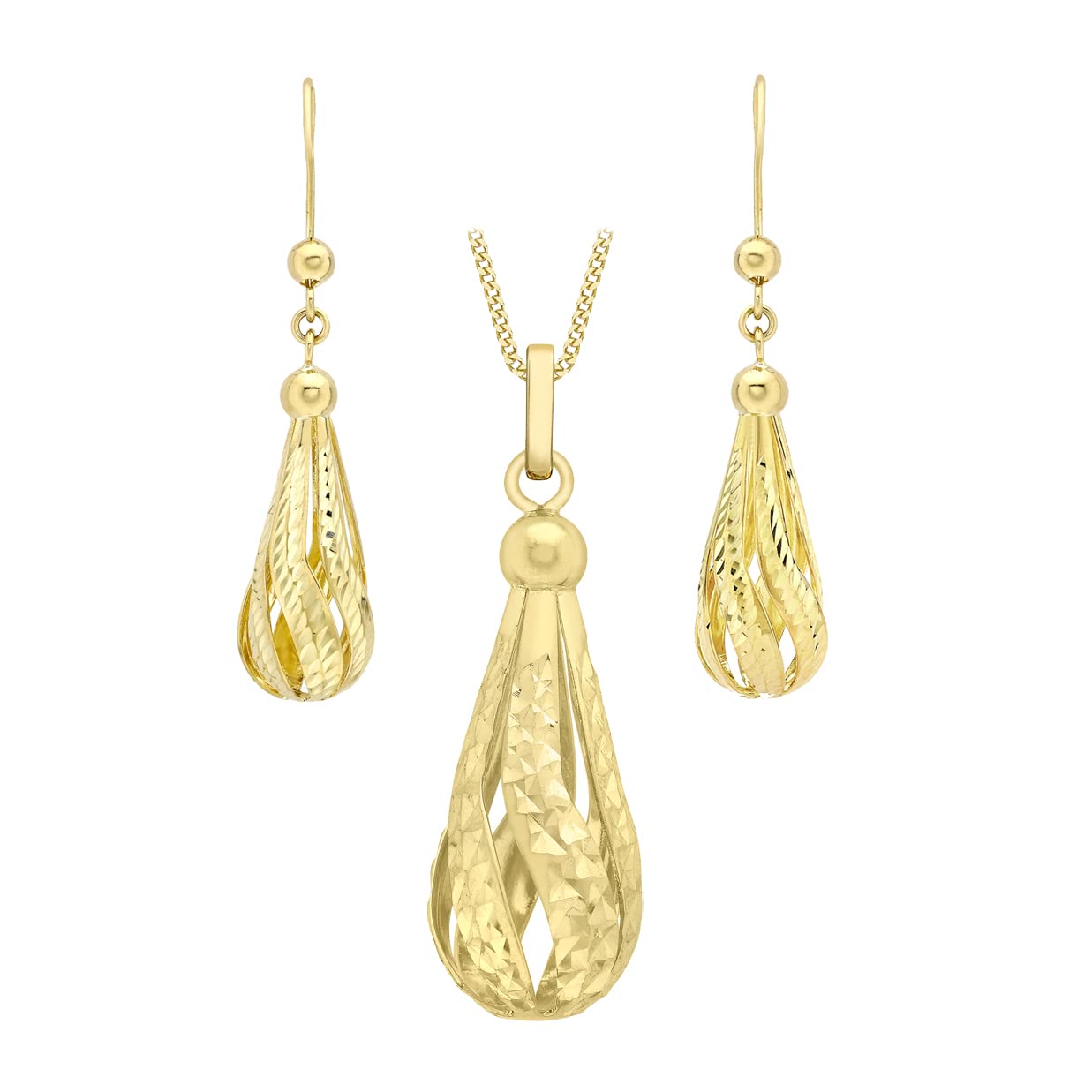 CARISSIMA Women's 9ct Yellow Gold Diamond Cut Semi Hollow Teardrop Earrings and Pendant on Curb Chain Necklace of 46cm/18