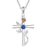 AM ANNIS MUNN Cross Necklace for Women, 925 Sterling Silver Birthstone Necklace for Women with Rose Flower Birthstone Womens Jewelry Birthday Gifts for Wife Women