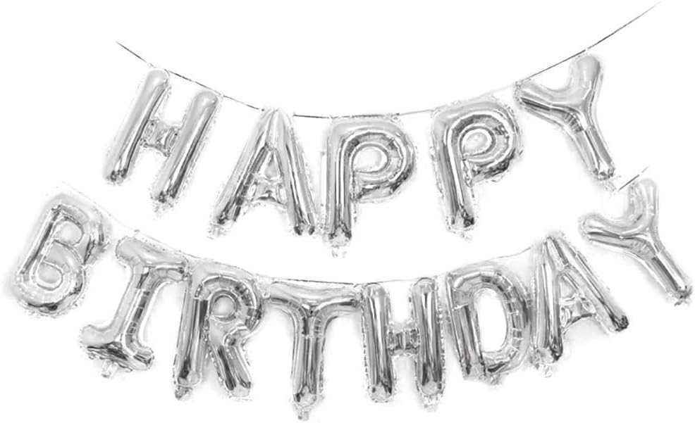 Qivange Happy Birthday Balloons Self Inflating 16" Birthday Balloons Banner Bunting Hanging Alphabet Letter Balloons for Party Decoration, Silver