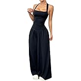 Verdusa Women's Tie Back Wide Leg Jumpsuits Ruched Sleeveless Halter One Piece Brunch Outfits