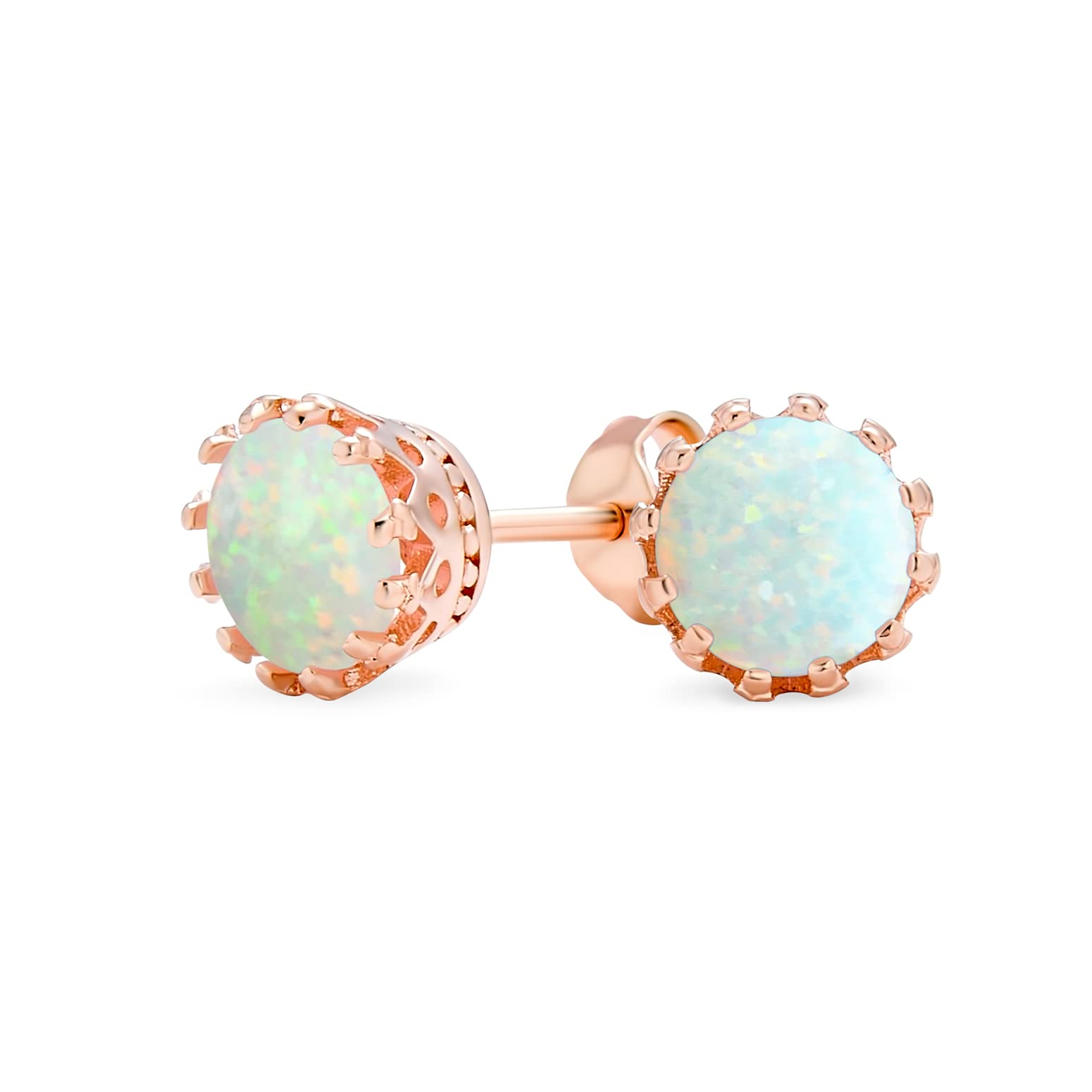 Iridescent Crown Setting Created White Opal Solitaire Crown Stud Earrings Rose Gold Plated .925 Sterling Silver Iridescent 6MM October Birthstone — image 1