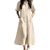 chouyatou Women's Summer Short Sleeve Button Down Shirt Dress A-Line Flared Maxi Long Beach Casual Dress