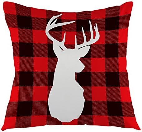 oFloral Plaid Deer Throw Pillow Cover With Deer Head Right Face Pillow Case Square Cushion Cover For Sofa Couch Home Car Bedroom Living Room Decorative 18" x 18" Black Red White