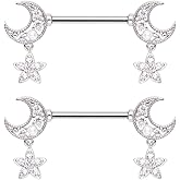 14GA Stainless Steel CZ Crystal Crescent Moon Ends with Dangling Stars Nipple Barbells, Sold as a Pair