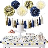 NICROLANDEE Navy Blue Gold Party Decoration Kit Nautical Baby Shower Hanging Pom Poms Paper Garland Party Confetti for Get Ready Bridal Shower Wedding Birthday Bachelorette