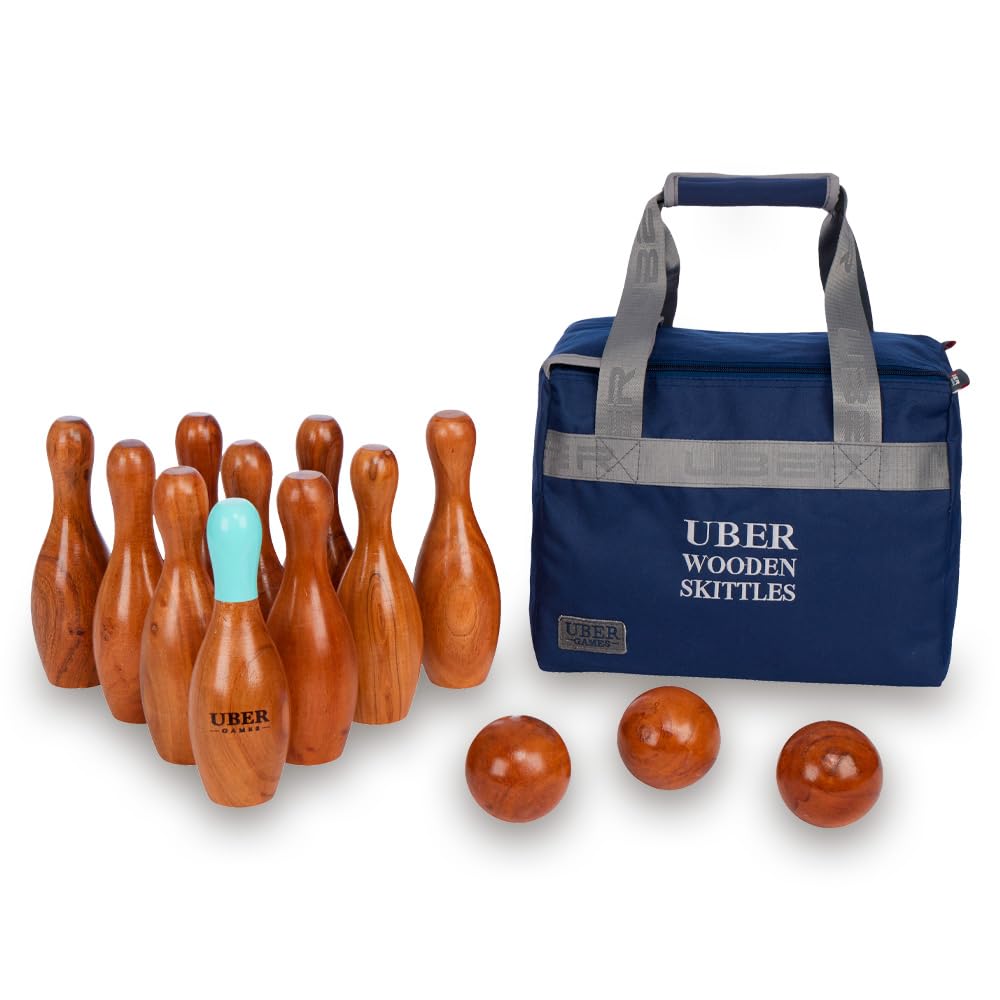 Uber Games Skittles Set – Premium Hardwood Garden Skittles Set with 10 Skittles & 3 Balls, Blue-Topped Lead Skittle & Canvas Storage Bag – 23cm Tall, Fun for All Ages, Classic Outdoor Family Game