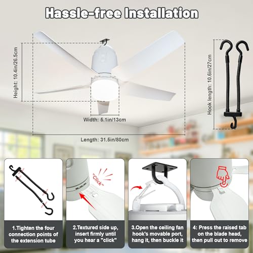 Gazebo Outdoor Ceiling Fan Light 31.5'', 40000mAh Large Portable Ceiling Fan With Remote and Hanging Hook, 4 Wind Speeds, 3000K-6500K Dimmable Canopy Fan Light For Patios, Pop Up Tent, Camping