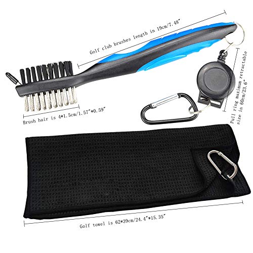 2 Pack Golf Towels Golf Club Brush Groove Cleaner Tool Set Black Microfiber Waffle Pattern Tri-Fold Golf Club Ball Cleaning Towel For Golf Bags With Clip Men Women Golf Gifts