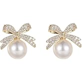 MIKAMU 14K Gold Ribbon Bow Earrings for Women Gold Plated CZ cubic zirconia Pearl Earrings for Women Jewelry